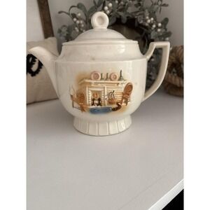 Vintage Porcelier Vitreous China Teapot Embossed Fireplace Scene‎ USA Made